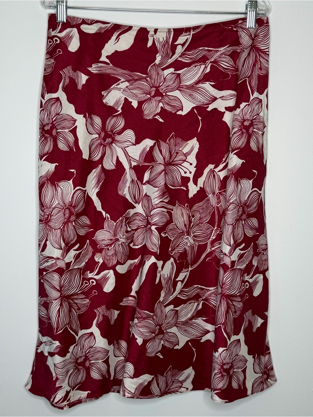 Kate Hill Red Floral Printed Silk and Linen Skirt